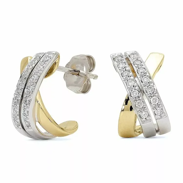 Trendy diamant halvcreoler i 14 karat guld og hvidguld med diamanter