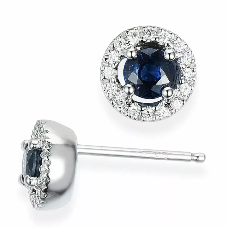 runde blå safir diamantøreringe i 14 karat hvidguld med diamant og safir