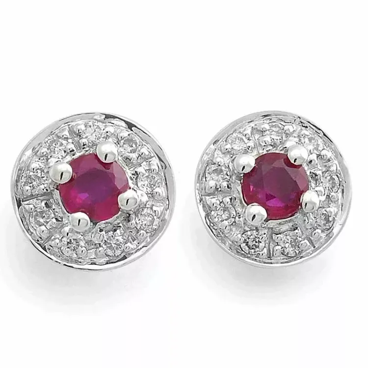 runde brillantøreringe i 14 karat hvidguld med diamant og rubin