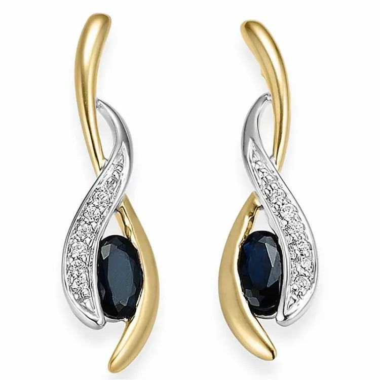 blå safir diamantøreringe i 14 karat guld og hvidguld med diamant og safir 