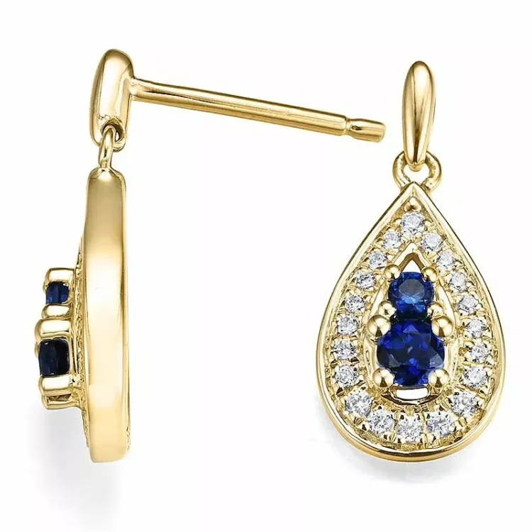 dråbe blå safir ørestikker i 14 karat guld med diamant og safir