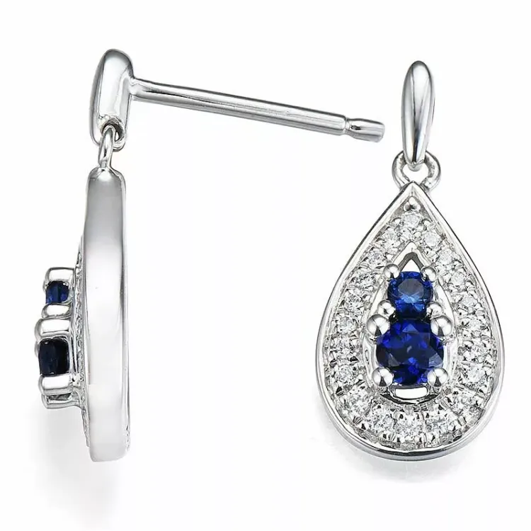 dråbe safir ørestikker i 14 karat hvidguld med diamant og safir