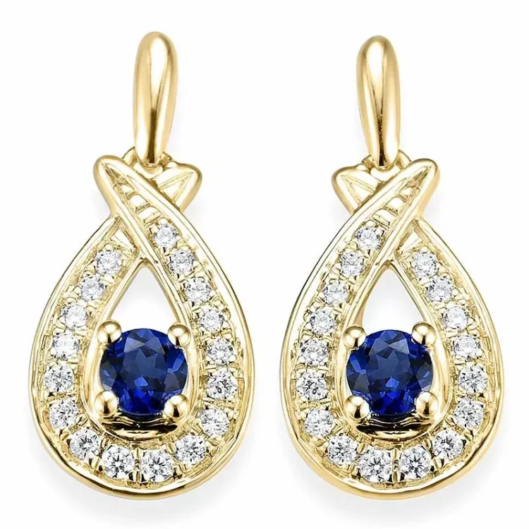 dråbeformet safir creoler i 14 karat guld med diamant og safir 