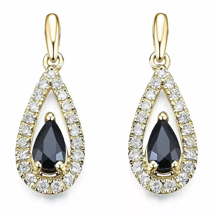 lange dråbe safir øreringe i 14 karat guld med diamant og safir