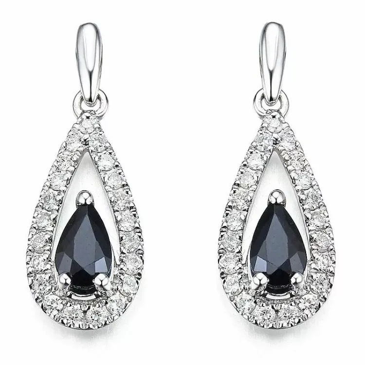 dråbe blå safir diamantøreringe i 14 karat hvidguld med diamant og safir