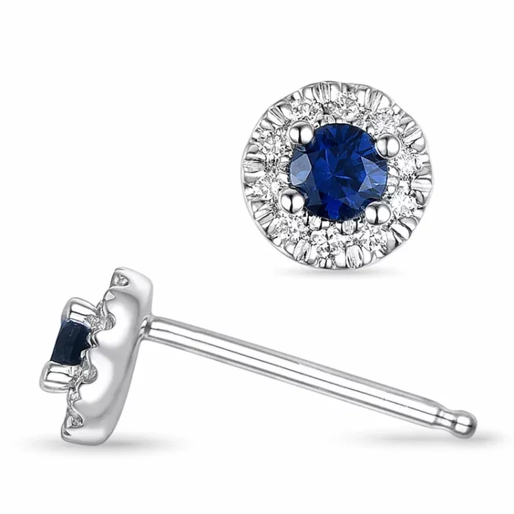 runde blå safir hvidguld ørestikker i 14 karat hvidguld med diamant og safir