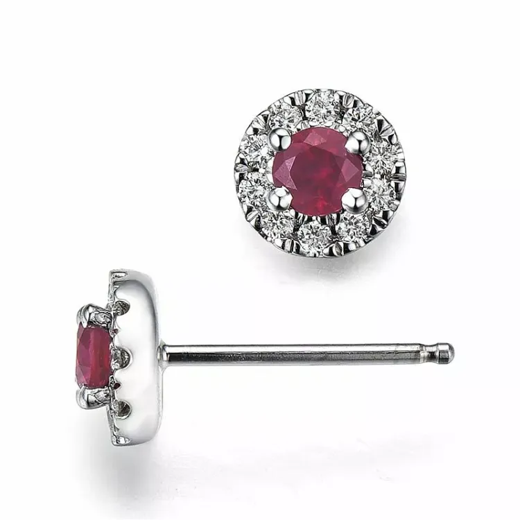 runde røde rubin ørestikker i 14 karat hvidguld med diamant og rubin