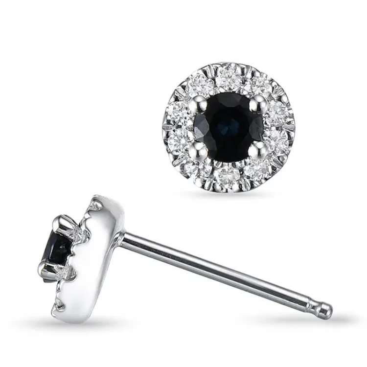 runde blå safir ørestikker i 14 karat hvidguld med diamant og safir