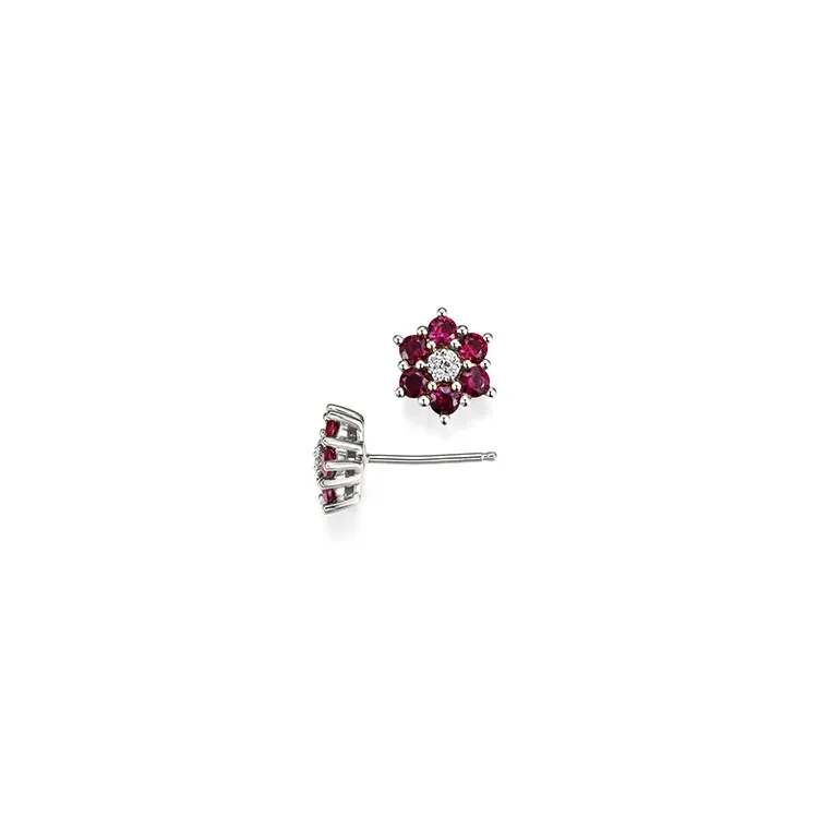 blomster diamantøreringe i 14 karat hvidguld med diamant og rubin