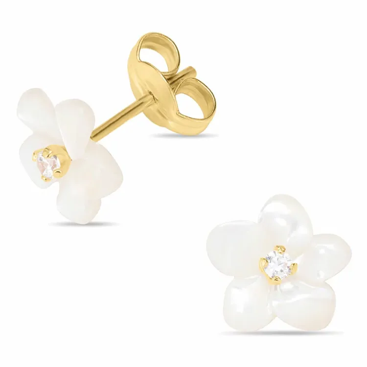 blomster ørestikker i 9 karat guld med perlemor og zirkon - Gold Collection