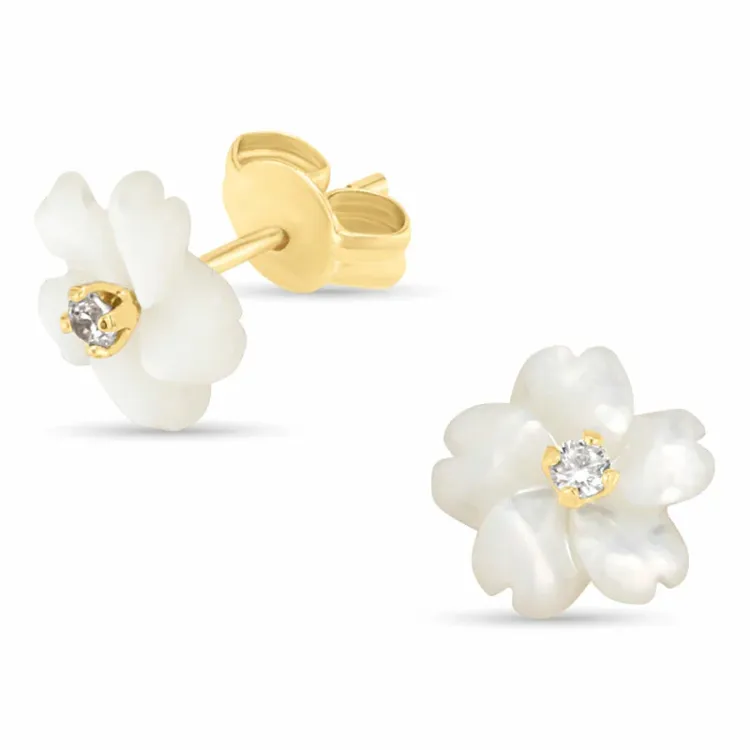 blomster øreringe i 9 karat guld med zirkon og perlemor - Gold Collection