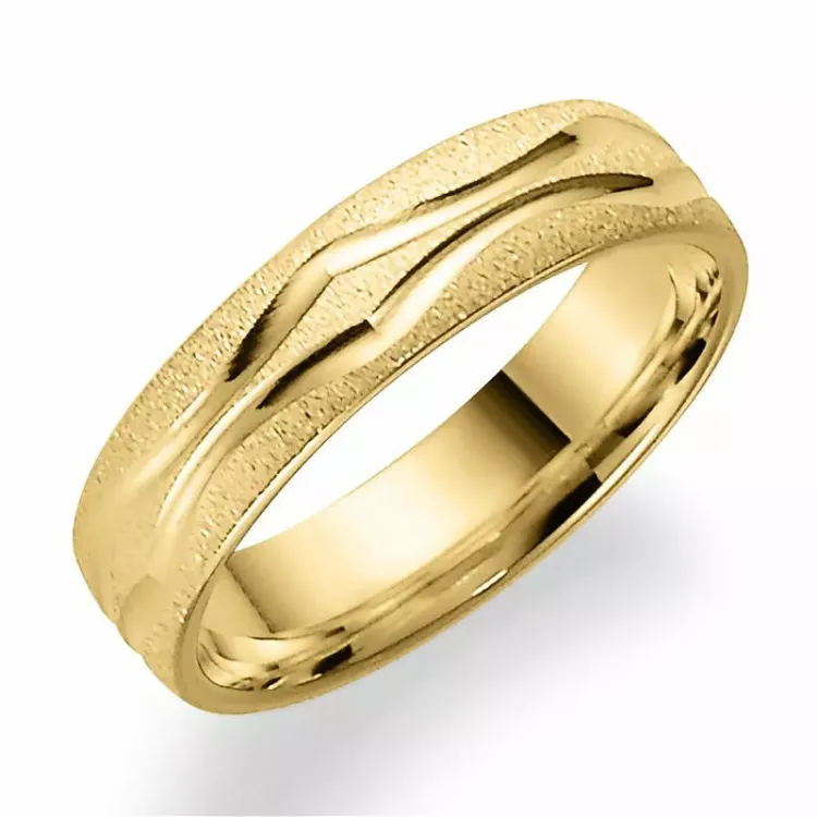 Mønstret 5 mm vielsesring i 9 karat guld
