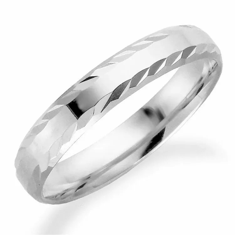 Mønstret 4 mm vielsesring i 14 karat hvidguld
