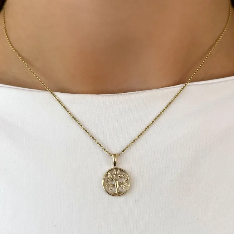 12 mm livets træ diamant halskæde i forgyldt sølv med vedhæng i 8 karat guld - Gold Collection