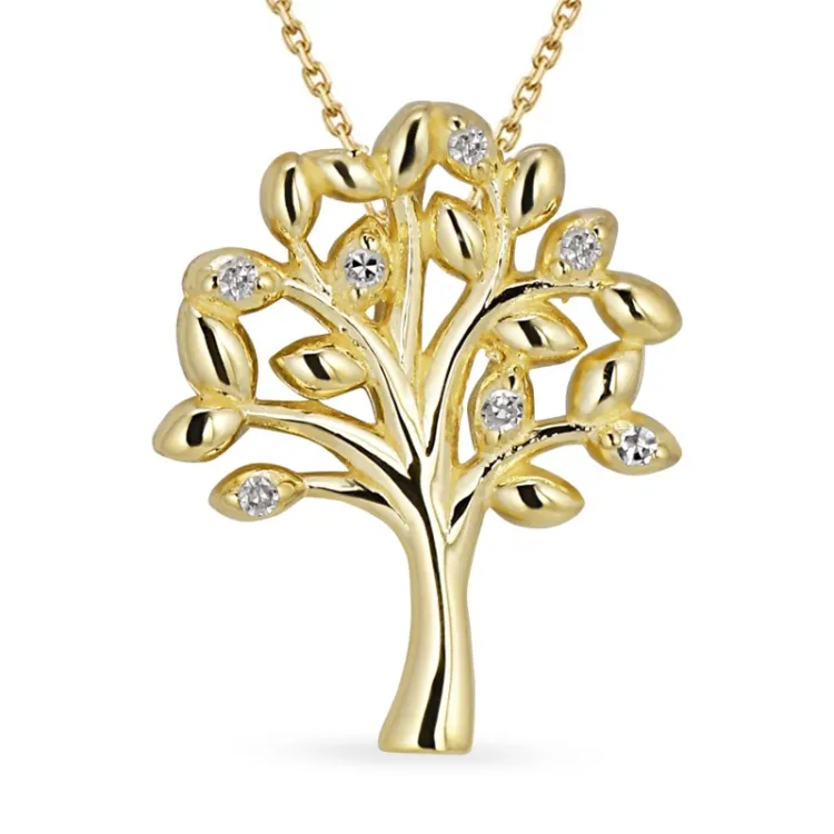 livets træ diamant halskæde i forgyldt sølv med vedhæng i 8 karat guld - Gold Collection