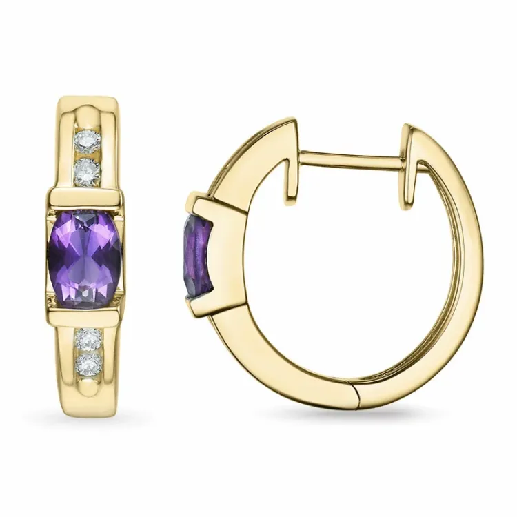 18 mm ametyst creoler i 9 karat guld med ametyst og diamant 