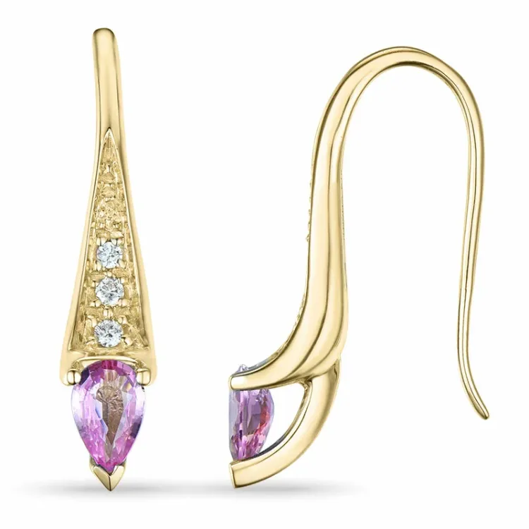 lange pink safir diamantøreringe i 9 karat guld med pink safir og diamant