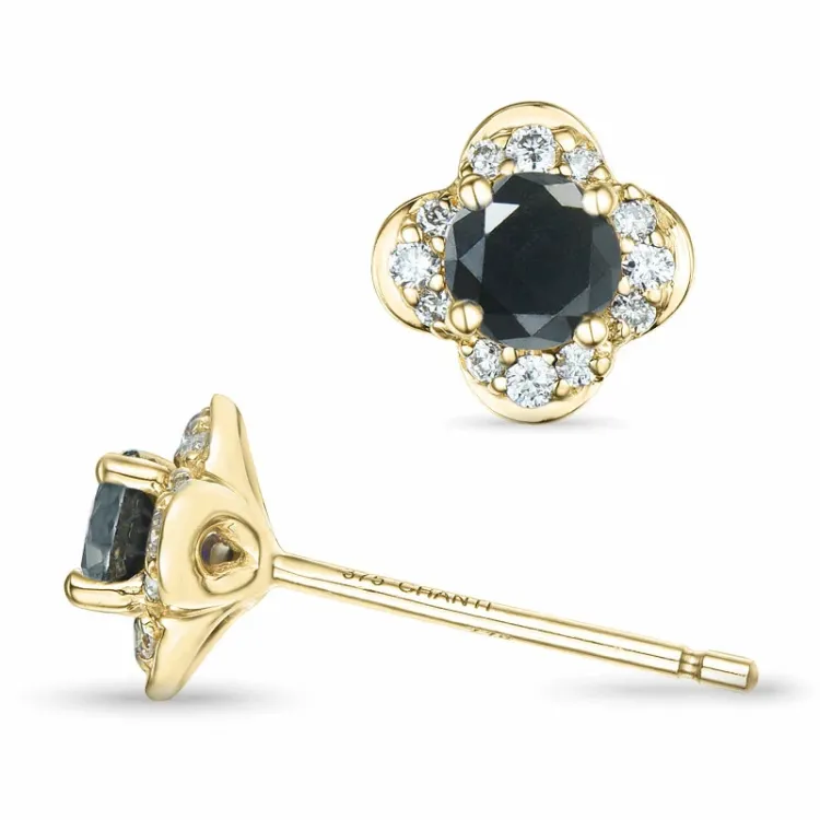 blomster sorte diamant brillantøreringe i 9 karat guld med sort diamant og diamant