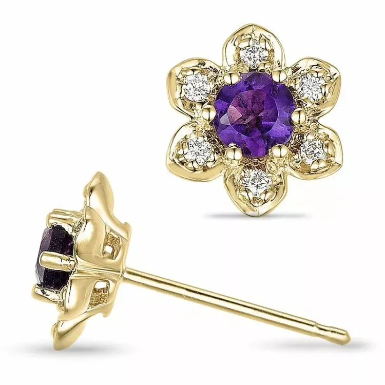 Blomster ametyst diamantøreringe i 9 karat guld med diamanter og ametyster