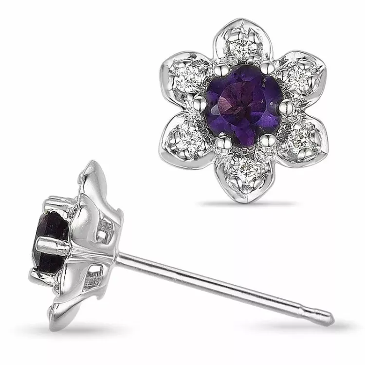 Blomster ametyst diamantøreringe i 9 karat hvidguld med diamanter og ametyster