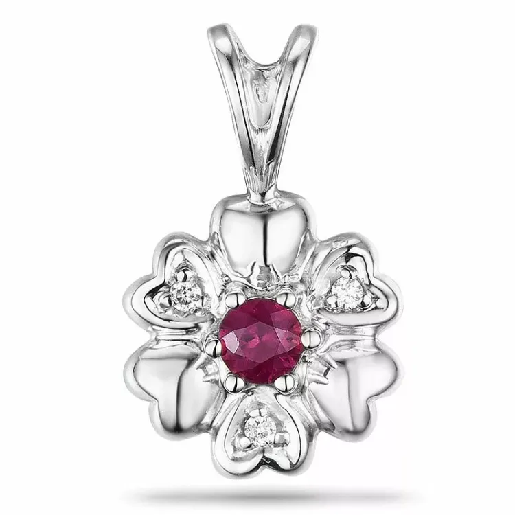Blomster rubin diamantvedhæng i 9 karat hvidguld 0,01 ct 0,16 ct