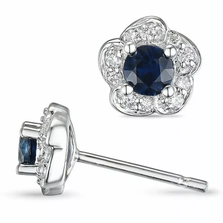 Blomster safir diamantøreringe i 9 karat hvidguld med diamanter og safirer 