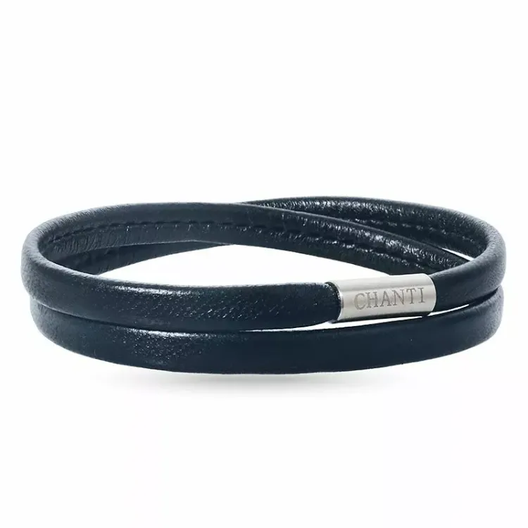 Flad sort læder armbånd i stål x 6 mm
