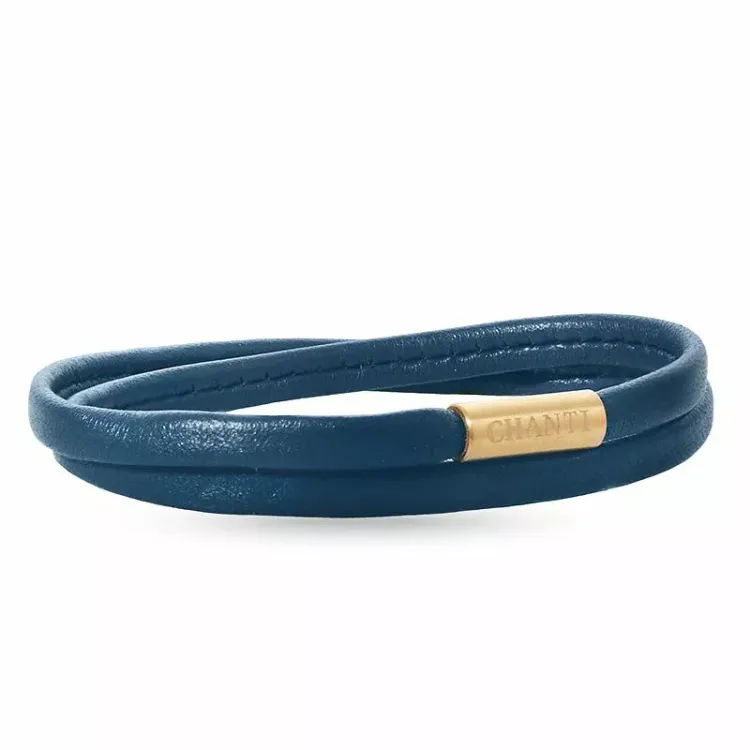 Flad blå armbånd i læder med forgyldt stål lås  x 6 mm