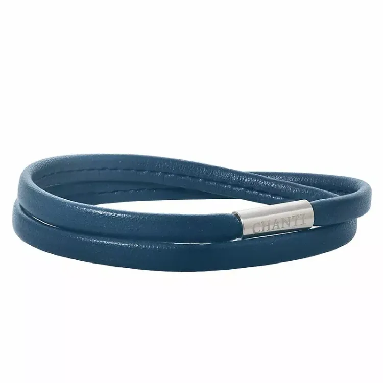 Flad blå armbånd i læder med stål lås  x 6 mm