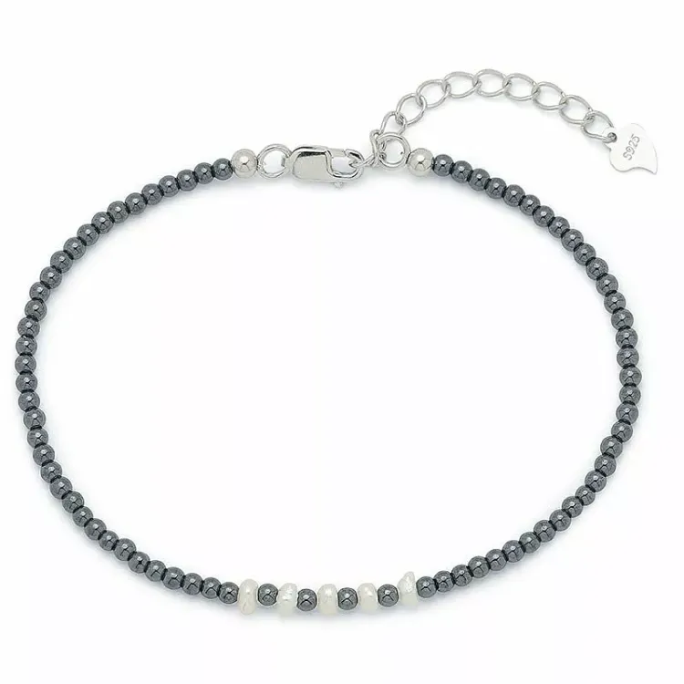 sten Perlearmbånd med hematite og 5 ferskvandsperle.