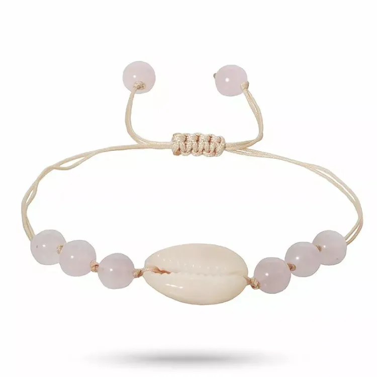 rosa kvarts muslinge armbånd i silke snor 17 cm plus 4 cm x 10 mm