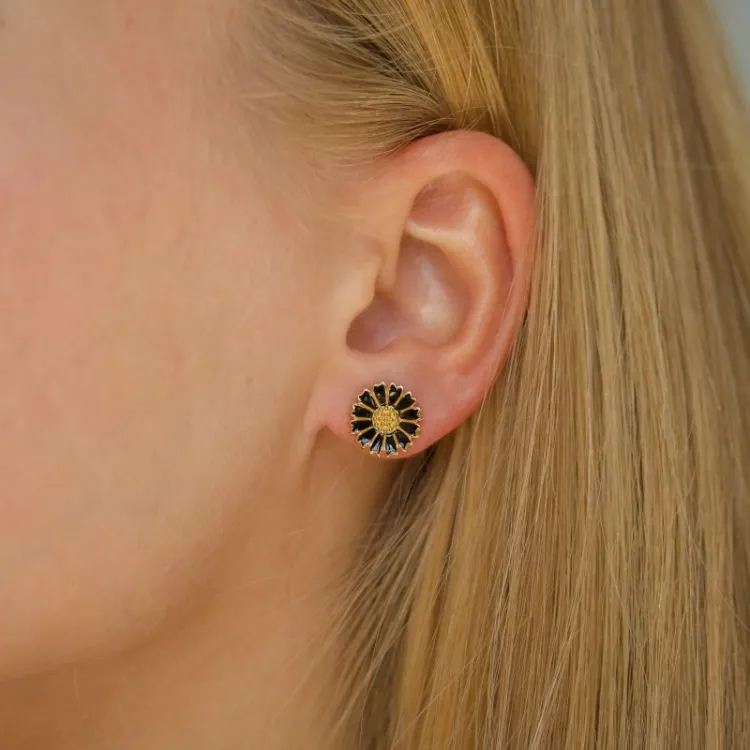 11 - 12 MM marguerit sorte ørestikker i forgyldt sølv - Marie