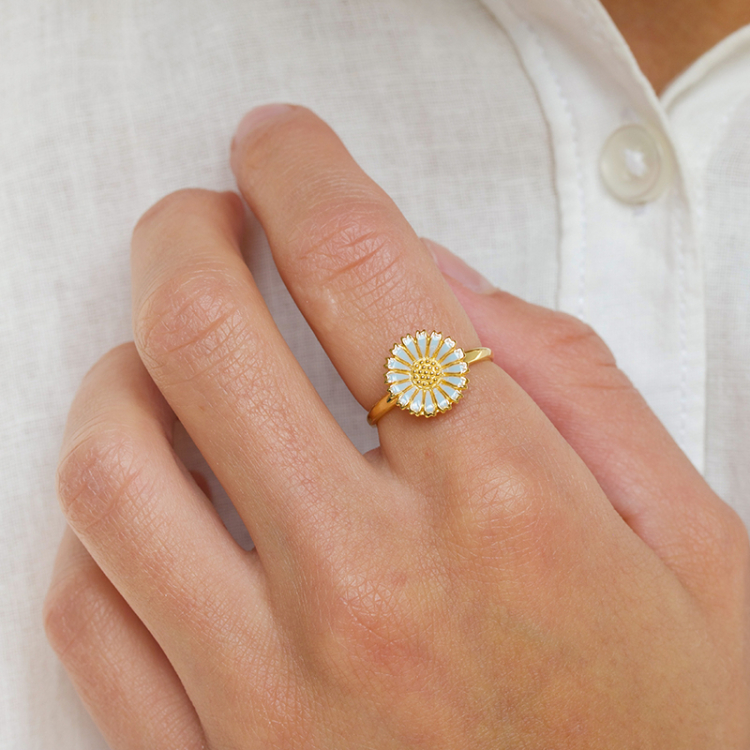 12 mm marguerit blå ring i forgyldt sølv - Marie