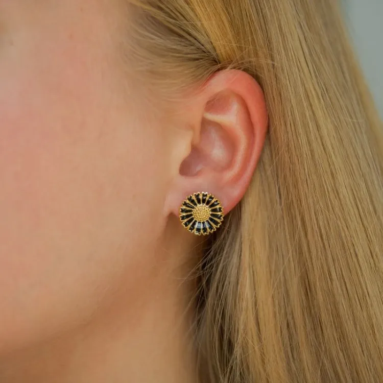 14,5 mm marguerit sorte ørestikker i forgyldt sølv - Marie