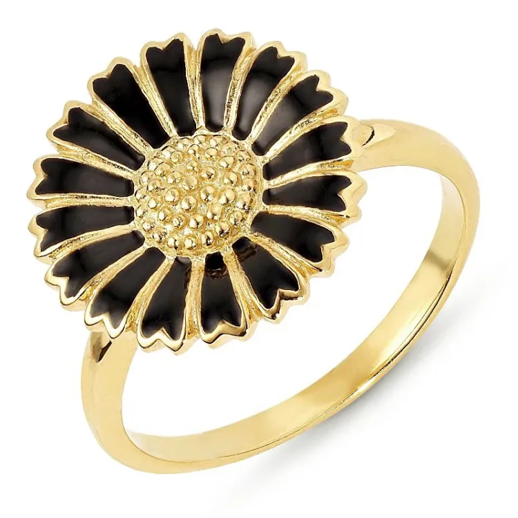 14 mm marguerit sort ring i forgyldt sølv - Marie