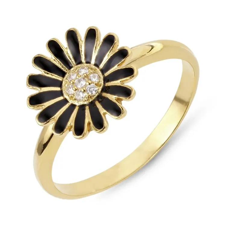 11 mm marguerit sort zirkon ring i forgyldt sølv - Matilda