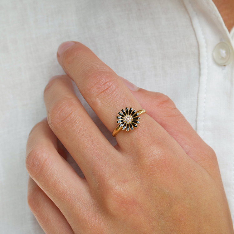 11 mm marguerit sort zirkon ring i forgyldt sølv - Matilda
