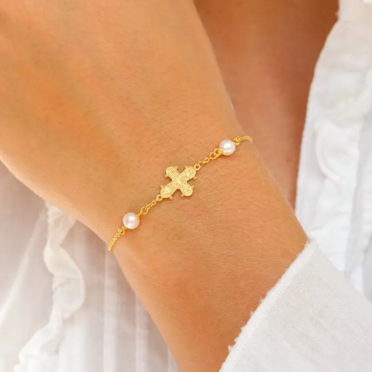 12 x 10,5 mm dagmarkors perle armbånd i forgyldt sølv - Amoré