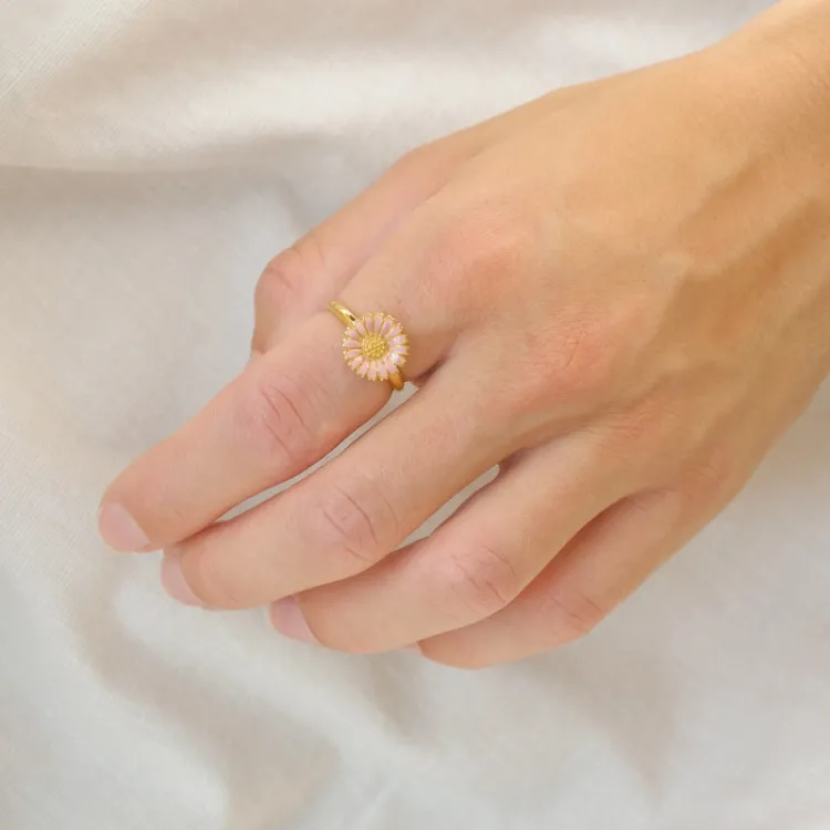 11 mm marguerit lyserød ring i forgyldt sølv - Marie