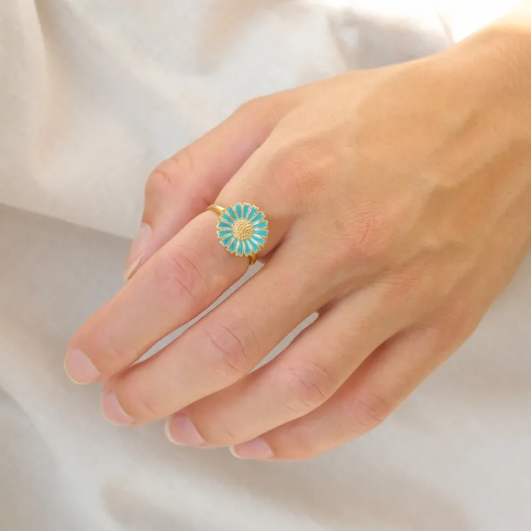 14 mm marguerit blå ring i forgyldt sølv - Marie