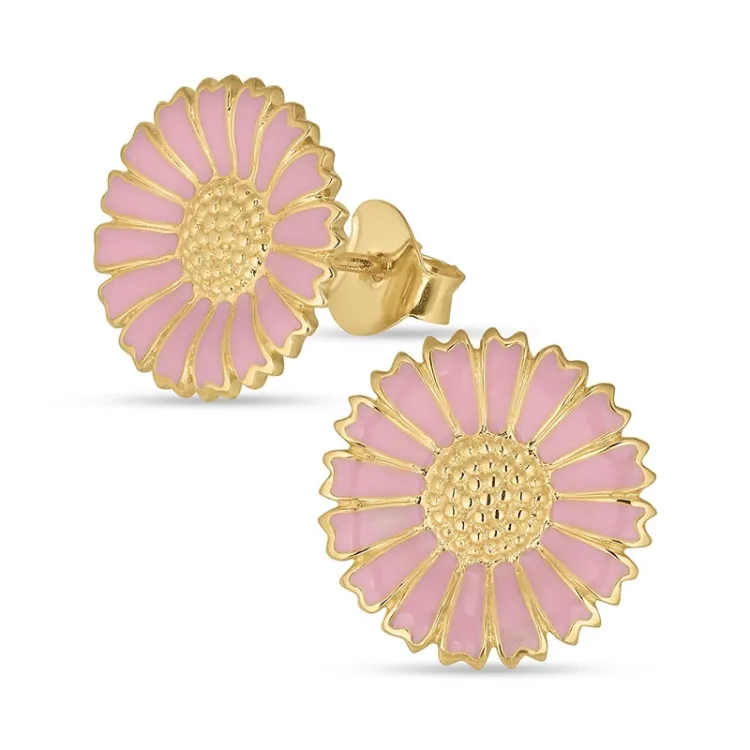 14 mm marguerit pink ørestikker i forgyldt sølv - Marie