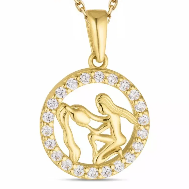 stjernetegn vandmanden zirkon halskæde i forgyldt sølv med vedhæng i 8 karat guld - Gold Collection