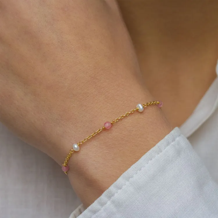 rosakvarts armbånd i forgyldt sølv  x 4 mm  - Loom Stones
