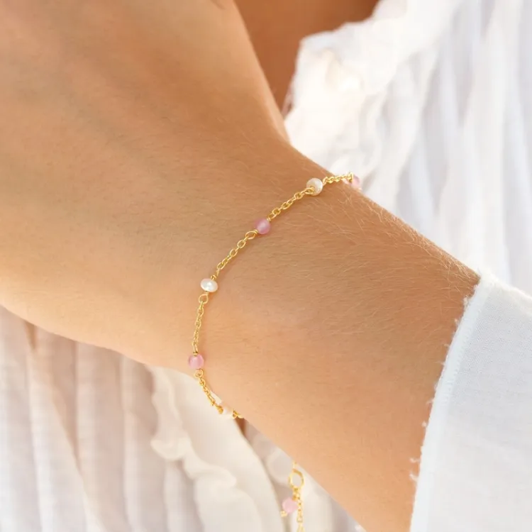 rosakvarts armbånd i forgyldt sølv  x 4 mm  - Loom Stones