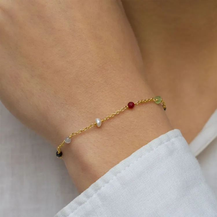 multifarvet sten armbånd i forgyldt sølv  x 4 mm  - Loom Stones