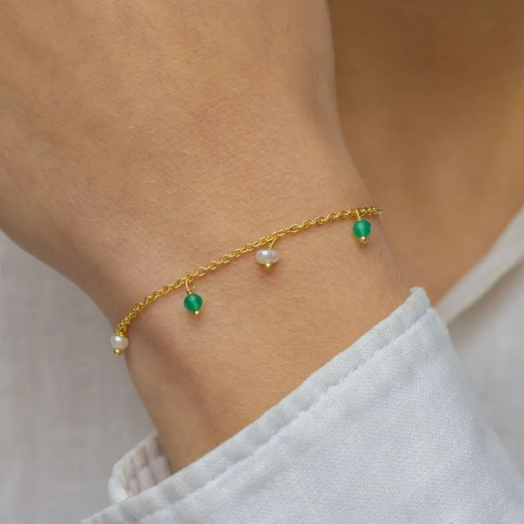 grøn onyks armbånd i forgyldt sølv  x   - Loom Stones