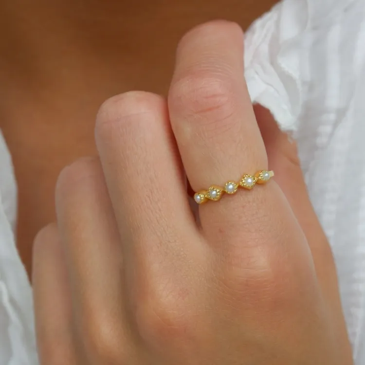 perle ring i forgyldt sølv