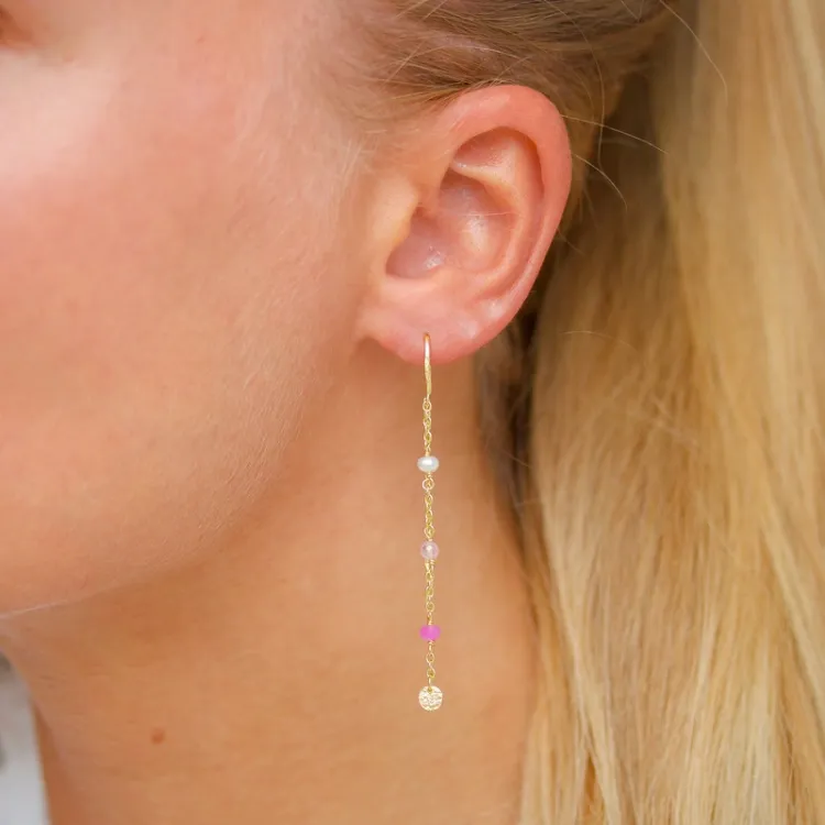 lange pink kæde øreringe i forgyldt sølv - Loom Stones