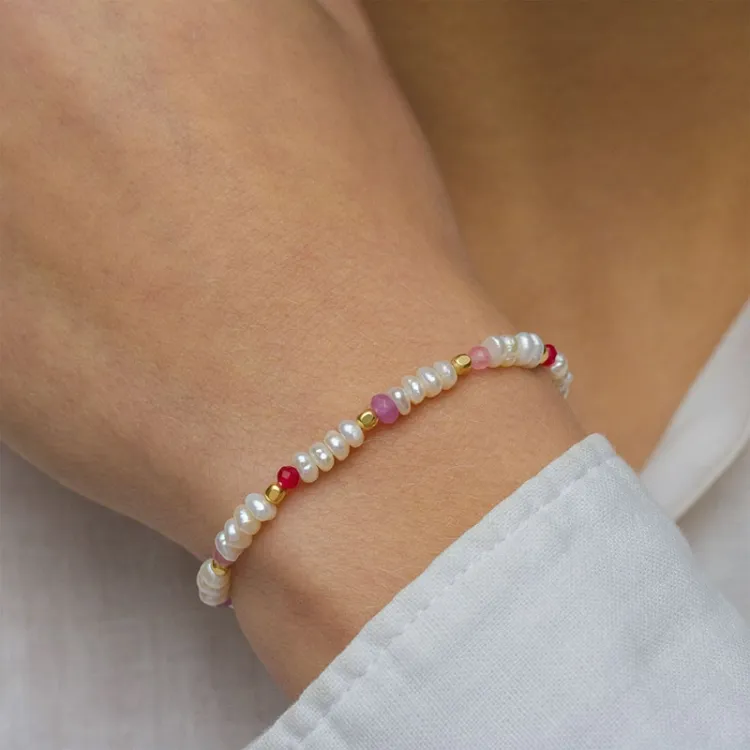 pink sten armbånd i forgyldt sølv  x   - Loom Stones