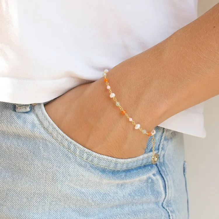 pink sten armbånd i forgyldt sølv 16 + 3 cm x 3,5 mm  - Loom Stones
